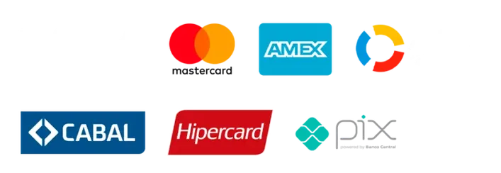 Mastercard, Amex, Elo, Cabal, Hipercard, PIX